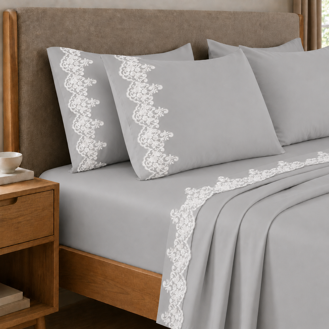 Lenzuola Percalle con Pizzo, Lenzuola Matrimoniali Cotone Grigio