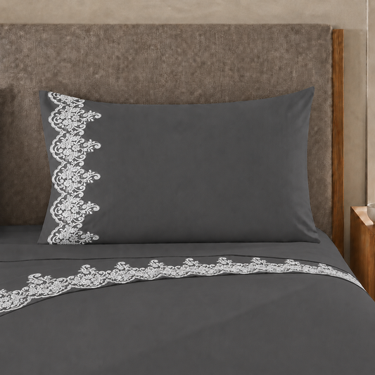Draps percale avec dentelle, draps double en coton couleur gris fumée