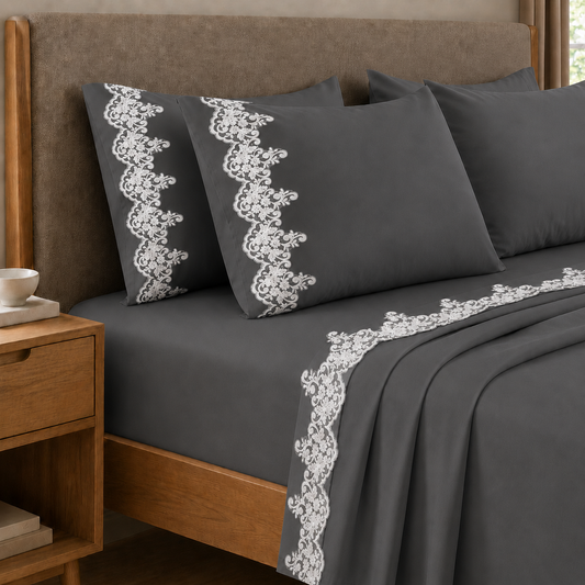 Draps percale avec dentelle, draps double en coton couleur gris fumée