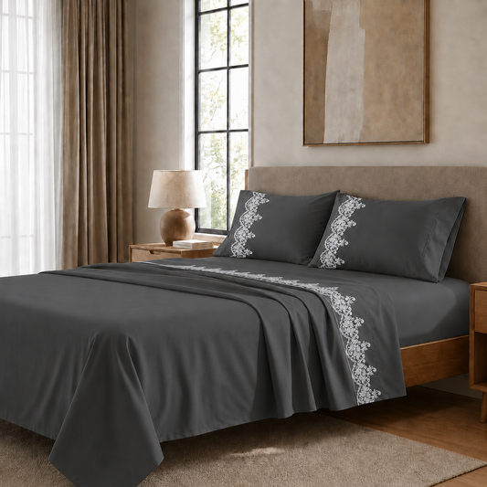 Draps percale avec dentelle, draps double en coton couleur gris fumée