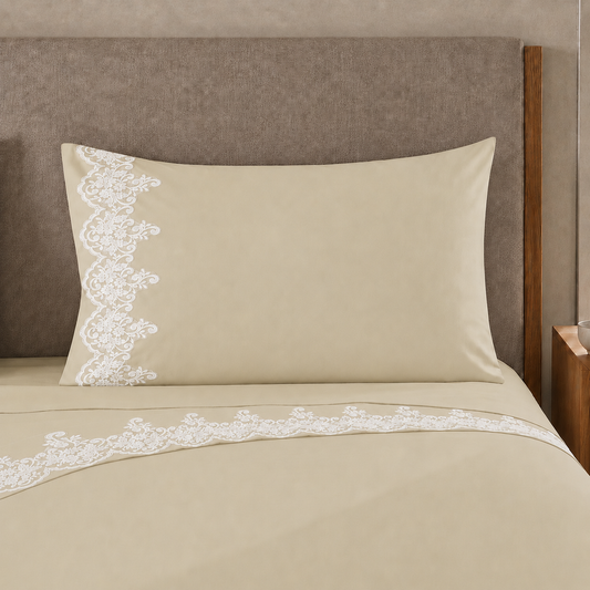 Draps percale avec dentelle, draps double en coton couleur beige