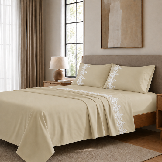 Draps percale avec dentelle, draps double en coton couleur beige
