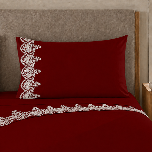 Lenzuola Percalle con Pizzo, Lenzuola Matrimoniali Cotone Bordeaux