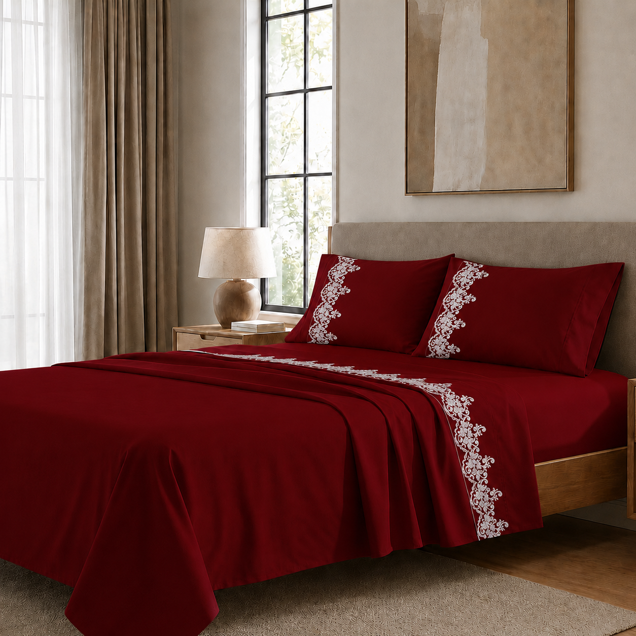 Lenzuola Percalle con Pizzo, Lenzuola Matrimoniali Cotone Bordeaux
