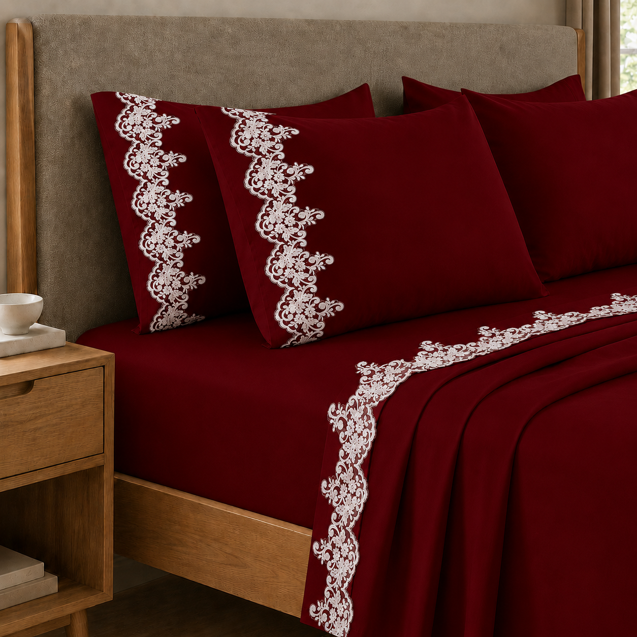 Lenzuola Percalle con Pizzo, Lenzuola Matrimoniali Cotone Bordeaux