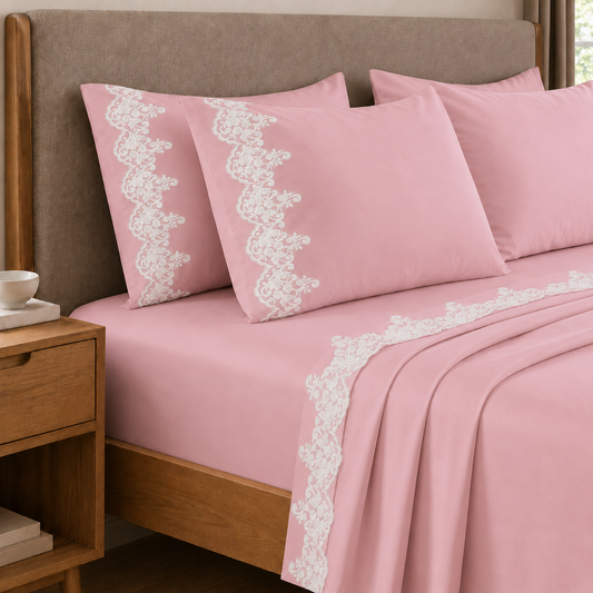 Lenzuola Percalle con Pizzo, Lenzuola Matrimoniali Cotone Rosa