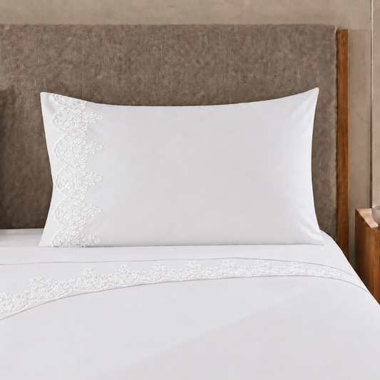 Draps percale avec dentelle, Draps doubles en coton blanc