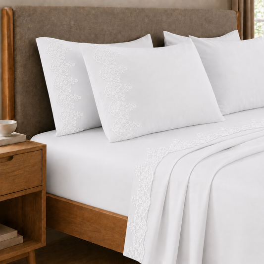 Draps percale avec dentelle, Draps doubles en coton blanc