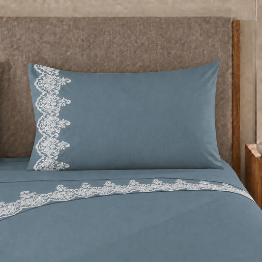 Draps percale avec dentelle, draps double en coton couleur avion