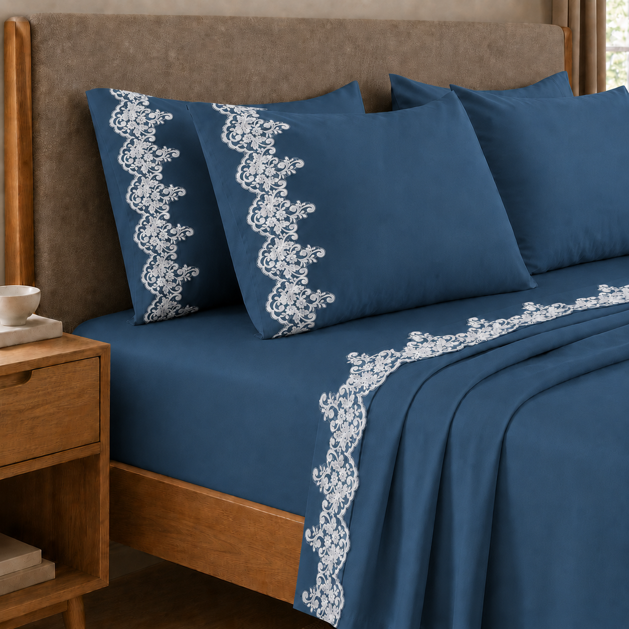 Lenzuola Percalle con Pizzo, Lenzuola Matrimoniali Cotone Blu Marino