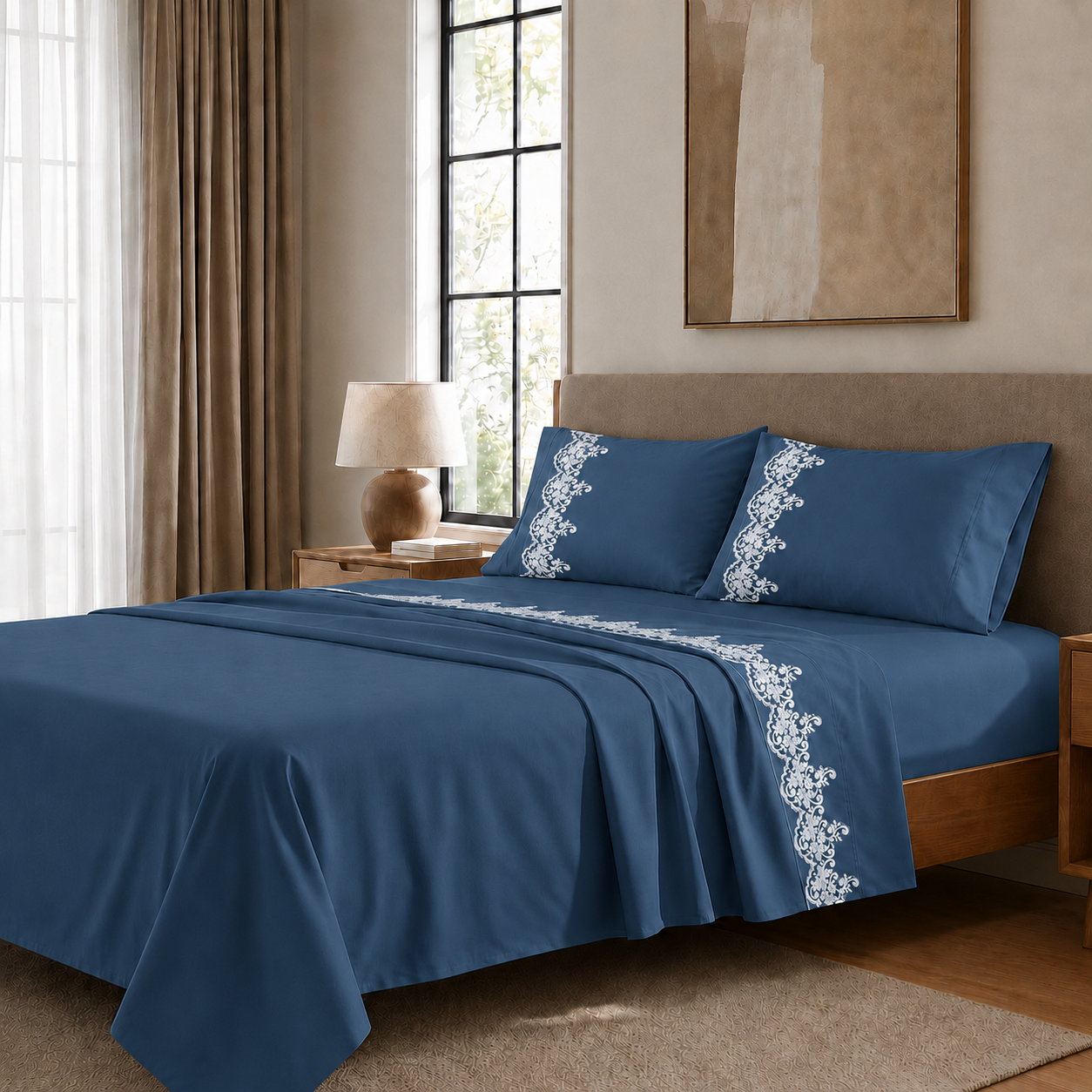 Lenzuola Percalle con Pizzo, Lenzuola Matrimoniali Cotone Blu Marino