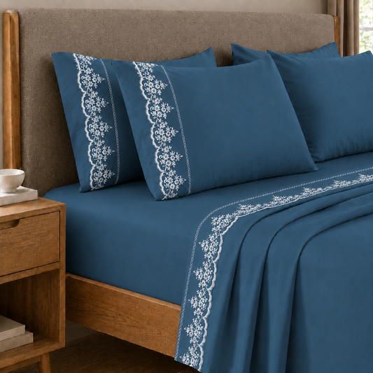 Lenzuola Matrimoniali in Puro Cotone Percalle con Balza in Pizzo Rebrode Blu Marino.