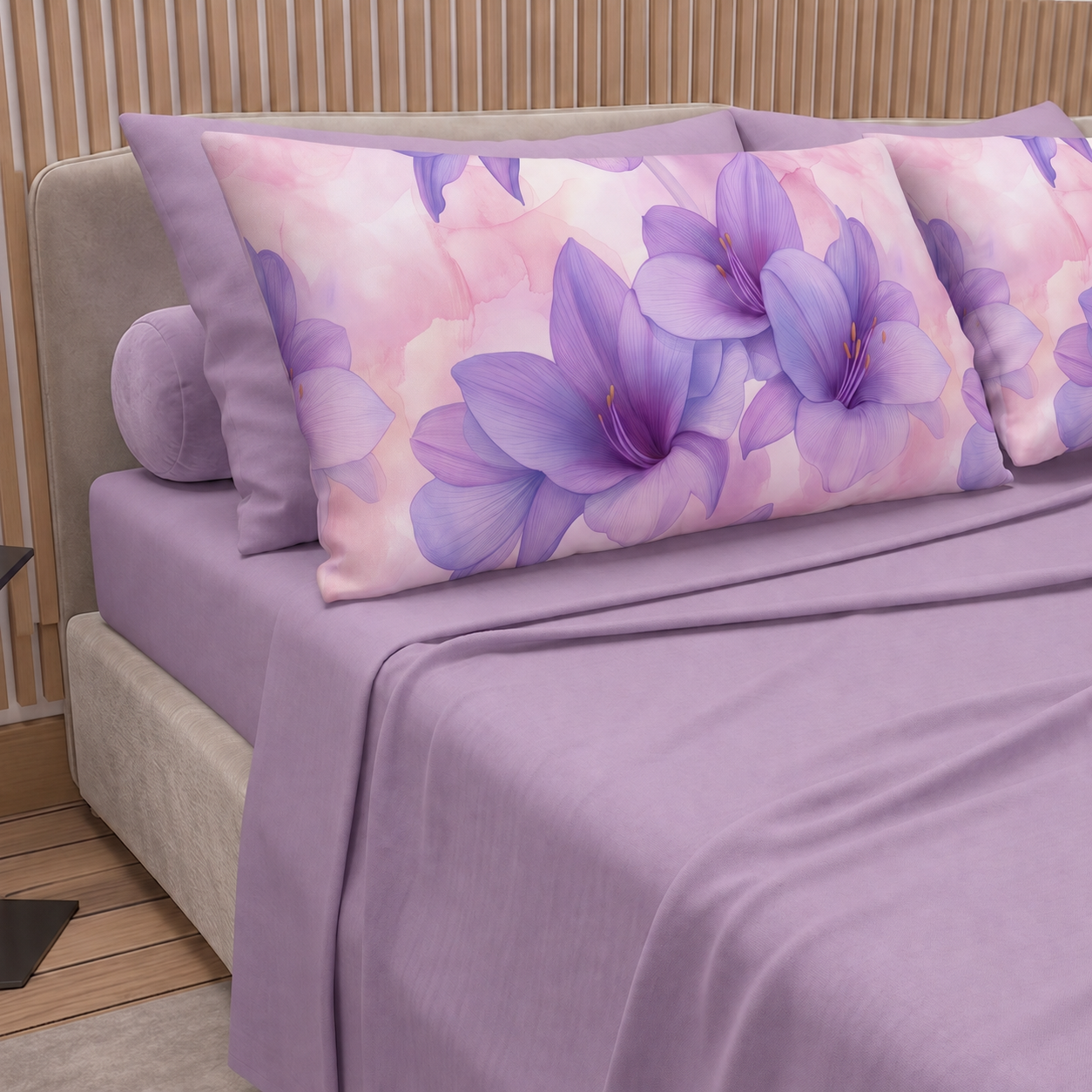 Lenzuola in Cotone, Completo Letto con Federe in Stampa Digitale Petalo 06 Lilla