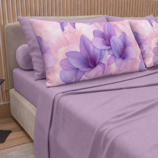 Lenzuola in Cotone, Completo Letto con Federe in Stampa Digitale Petalo 06 Lilla