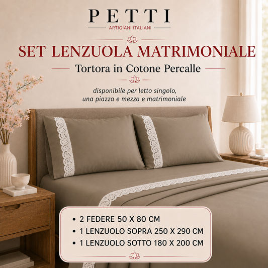 Lenzuola Matrimoniali in Puro Cotone Percalle con Balza in Pizzo San Gallo Grigio Fumo