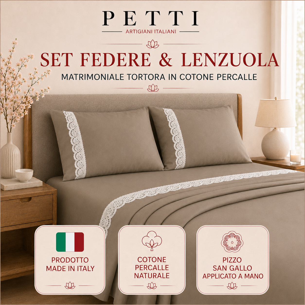Lenzuola Matrimoniali in Puro Cotone Percalle con Balza in Pizzo San Gallo Celeste
