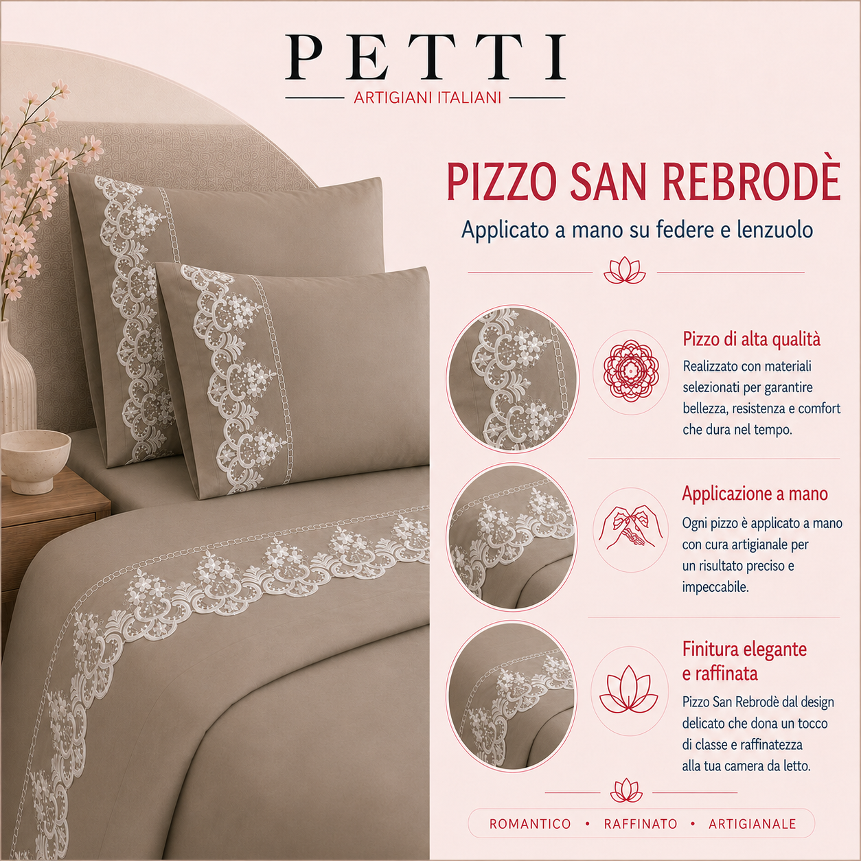 Lenzuola Matrimoniali in Puro Cotone Percalle con Balza in Pizzo Rebrode Beige