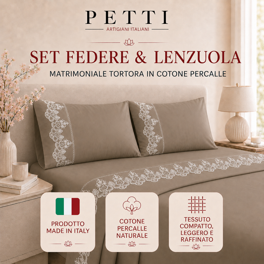 Lenzuola Matrimoniali in Puro Cotone Percalle con Balza in Pizzo Rebrode Avion