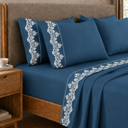 Lenzuola Matrimoniali in Puro Cotone Percalle con Balza in Pizzo Rebrode Blu Marino
