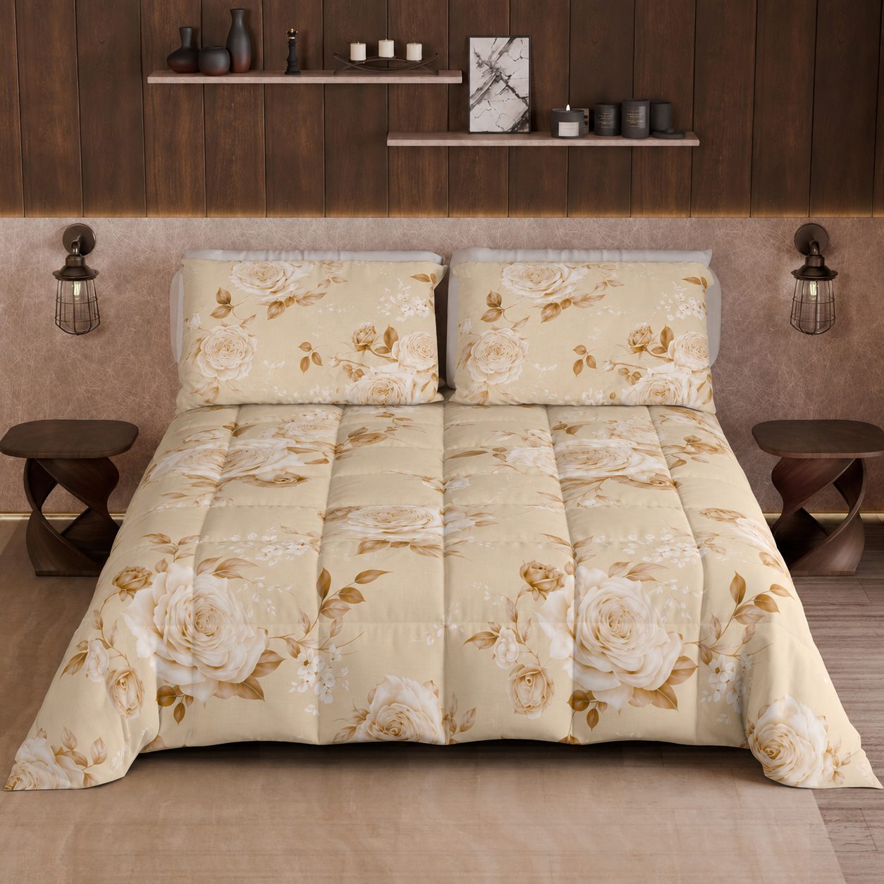 Piumone, Trapunta Matrimoniale, Singola, Piazza e Mezza, Floreale 21 Beige