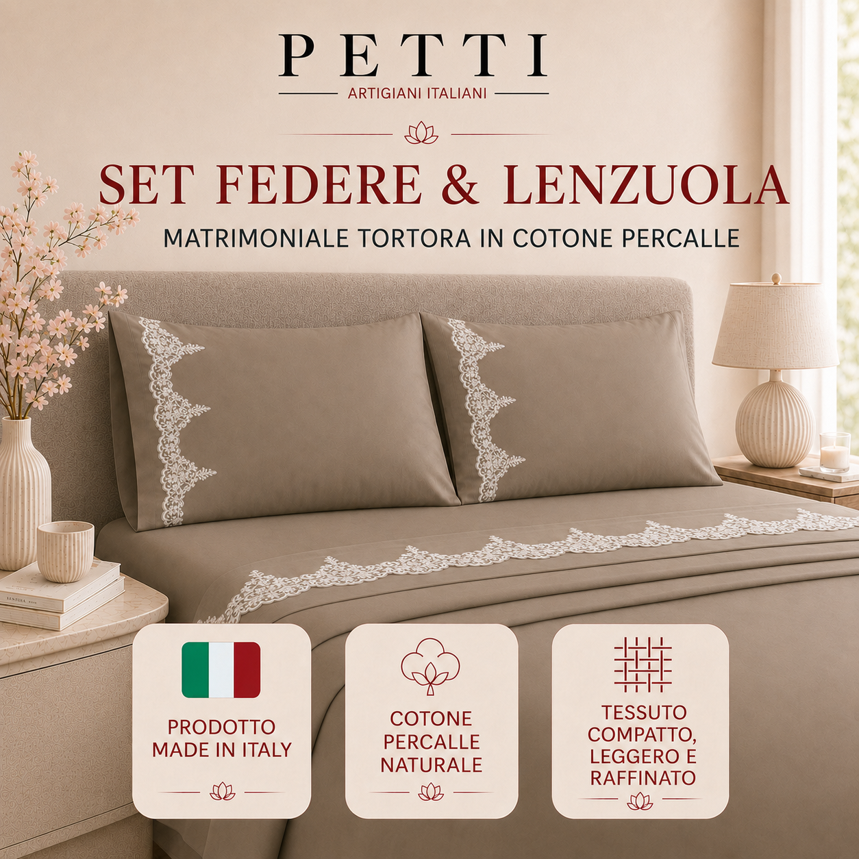 Lenzuola Matrimoniali in Puro Cotone Percalle con Balza in Pizzo Chantilly Tortora
