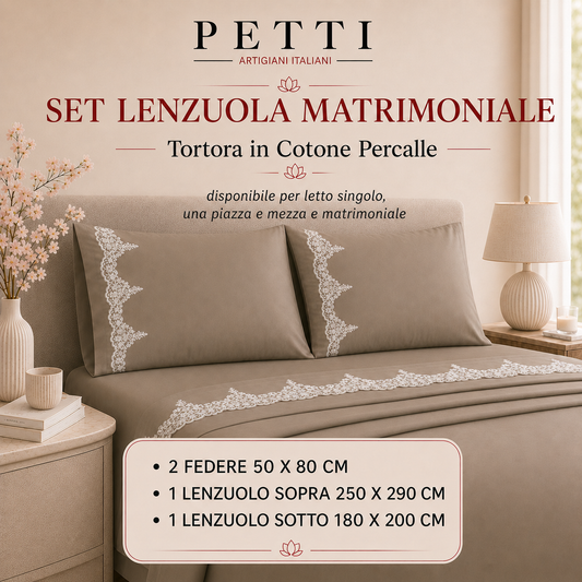 Lenzuola Matrimoniali in Puro Cotone Percalle con Balza in Pizzo Chantilly Grigio