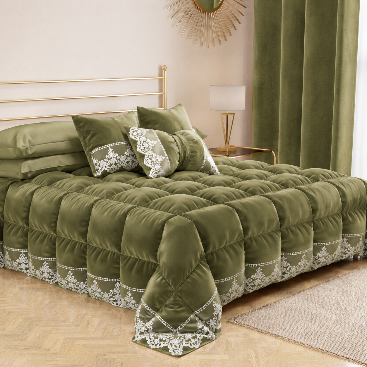 Cuscino Arredo Fiocco in Velluto e Balza con Pizzo Rebrodè 40x50 cm, Cuscino divano Verde Oliva By Sissy