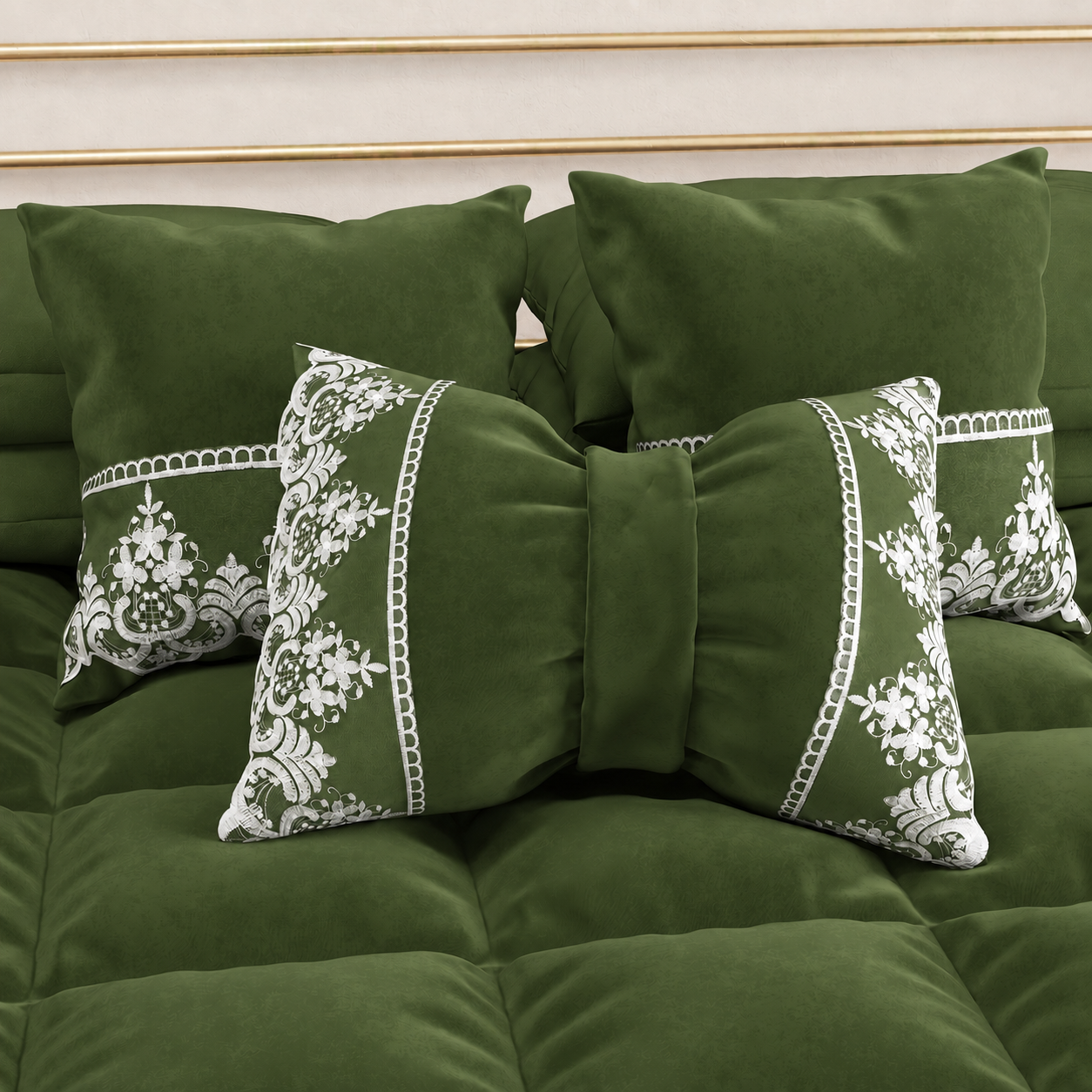 Cuscino Arredo Fiocco in Velluto e Balza con Pizzo Rebrodè 40x50 cm, Cuscino divano Verde Oliva By Sissy