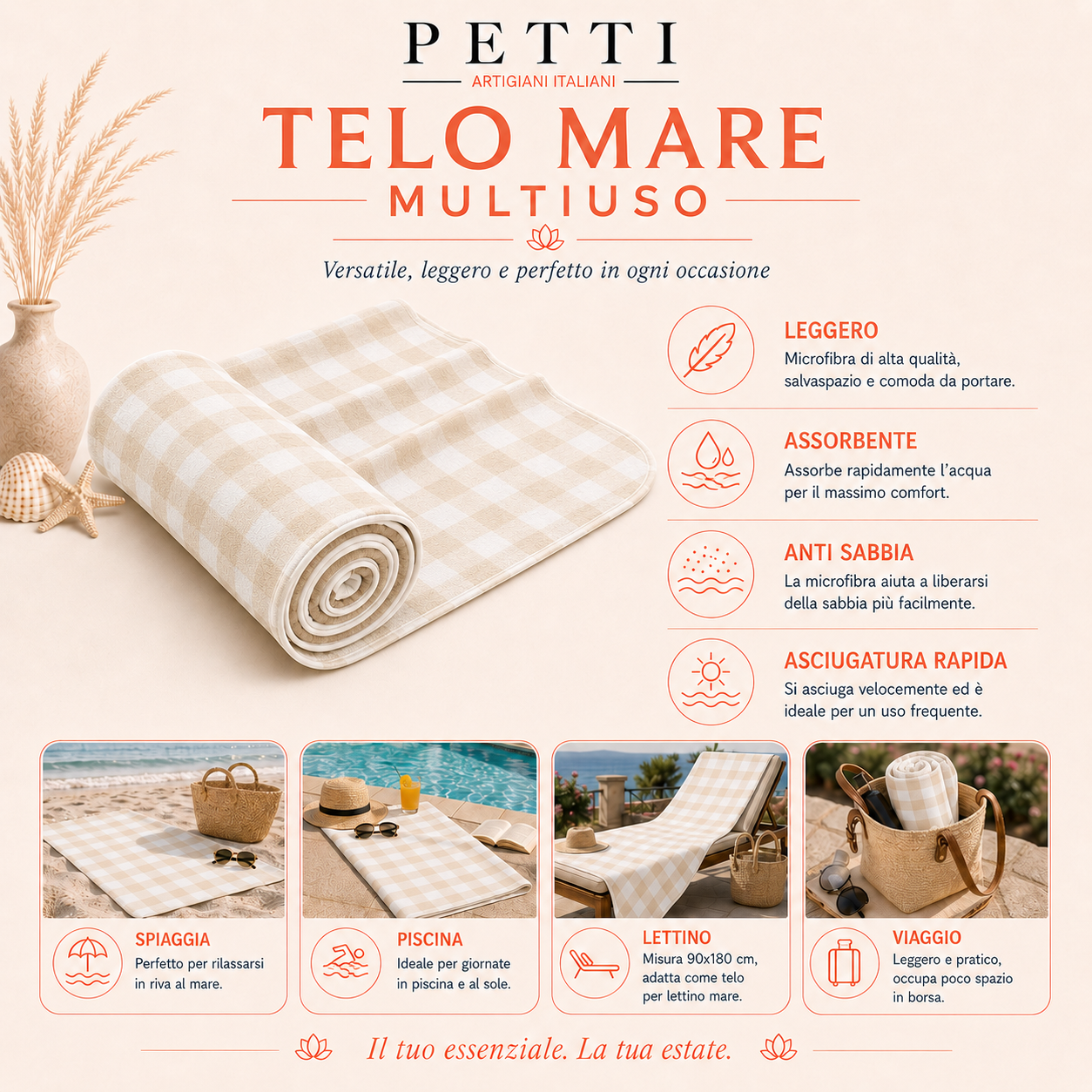 Telo Mare Microfibra, Asciugamano Mare, Telo per Lettino A Quadretti Rosa
