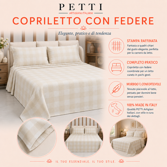 Lenzuolo Copriletto e Federe in Microfibra A Quadretti Cipria Scuro