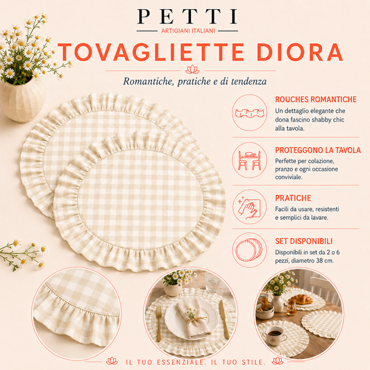 Tovagliette Americane Rotonde con Rouches A Quadretti Beige