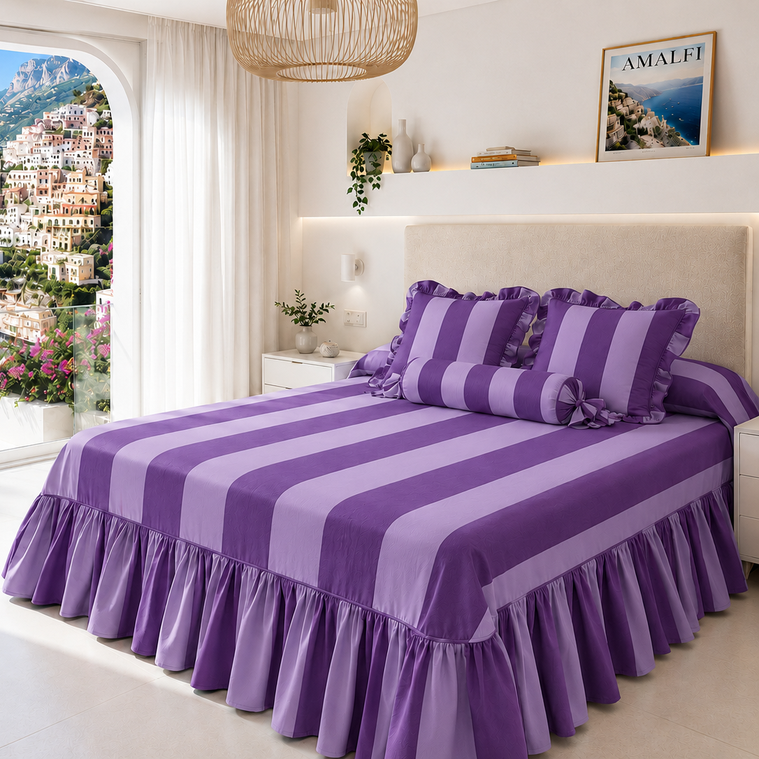 Lenzuolo Copriletto e Federe in Microfibra con Rouches Le Righe Viola/Celeste