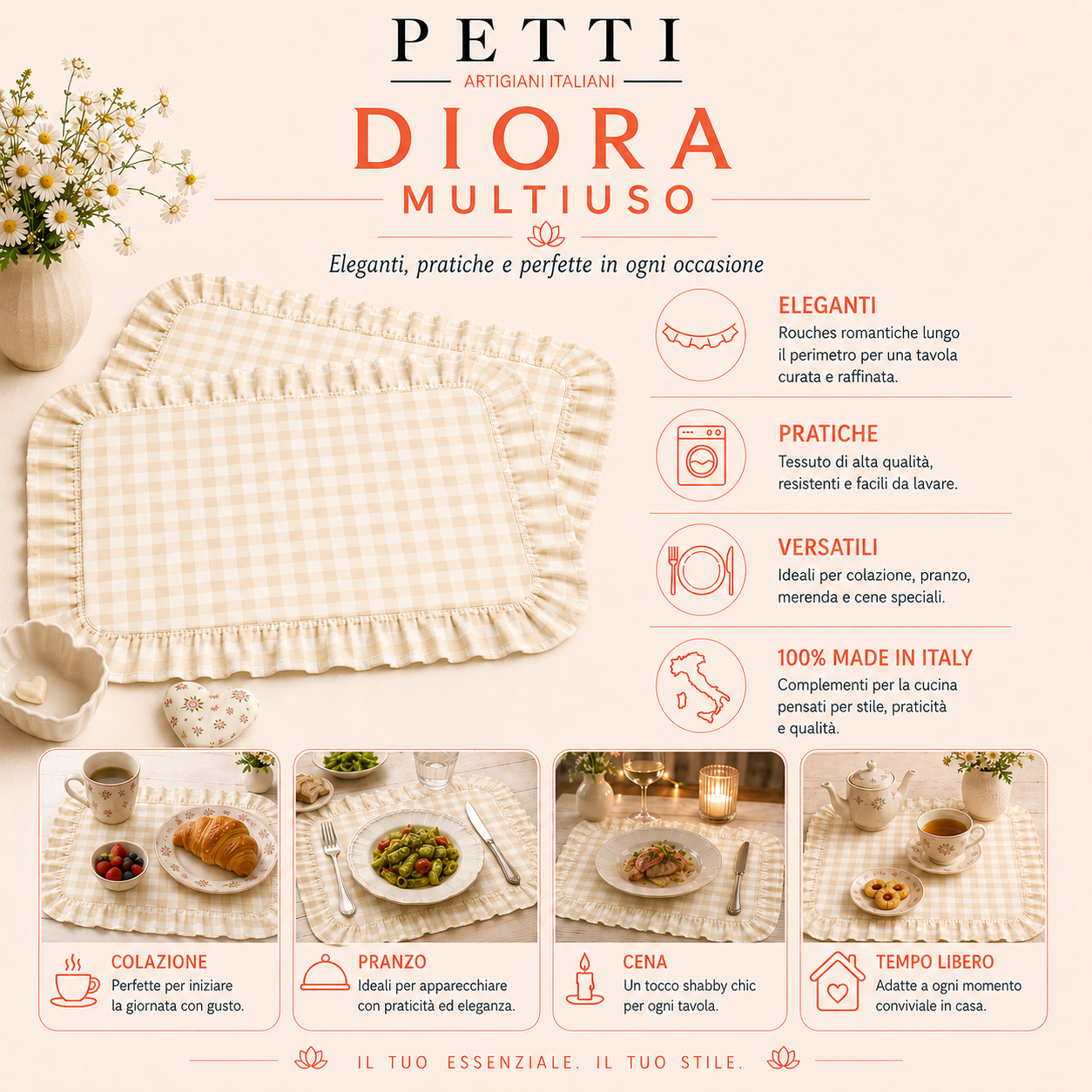 Tovagliette Americane con Rouches A Quadretti Corallo
