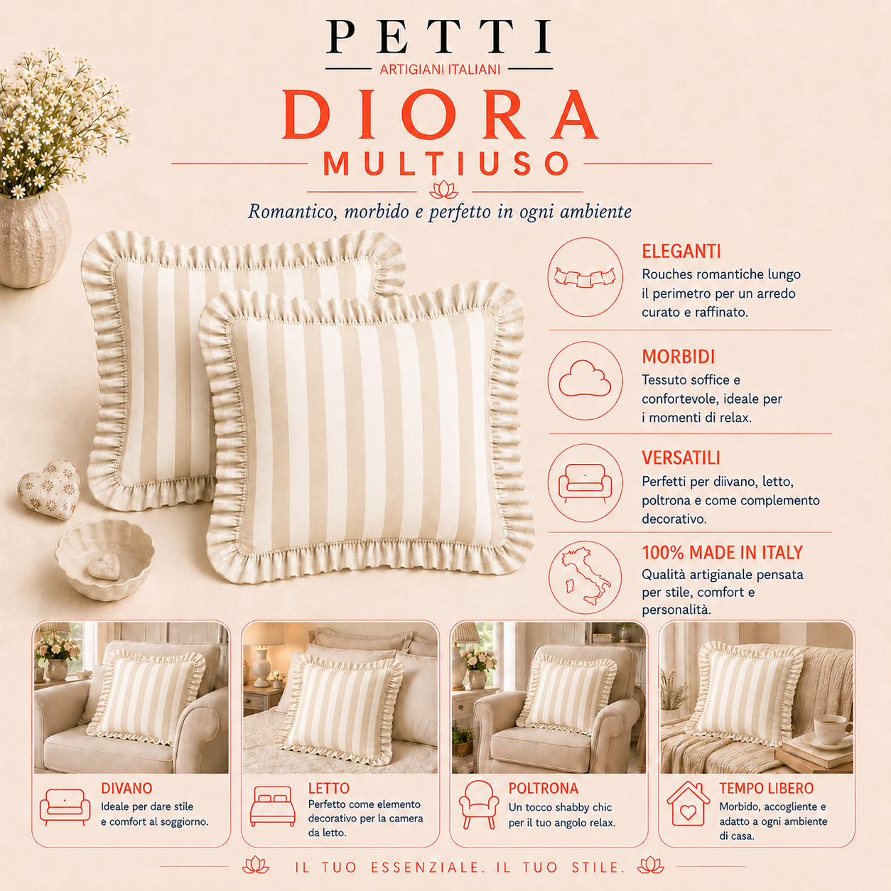 Cuscino Arredo con Rouches Righe Fucsia/Rosa