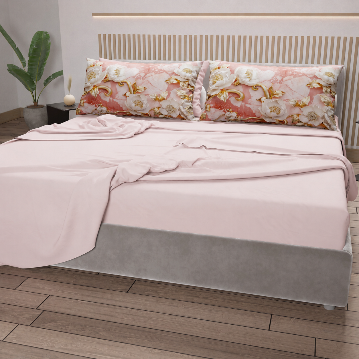 Draps en Coton, Parure de Lit avec Taies d'Oreiller en Impression Numérique Florale 06-11