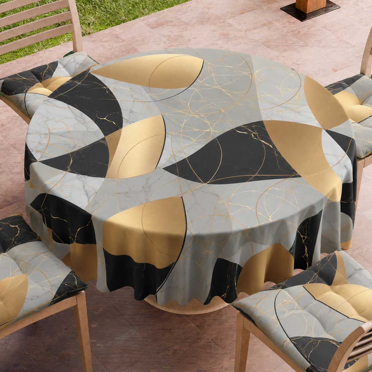 Tovaglia Rotonda Antimacchia Elegante - Ideale per cucina e sala da pranzo Geo Cerchio Nero Oro