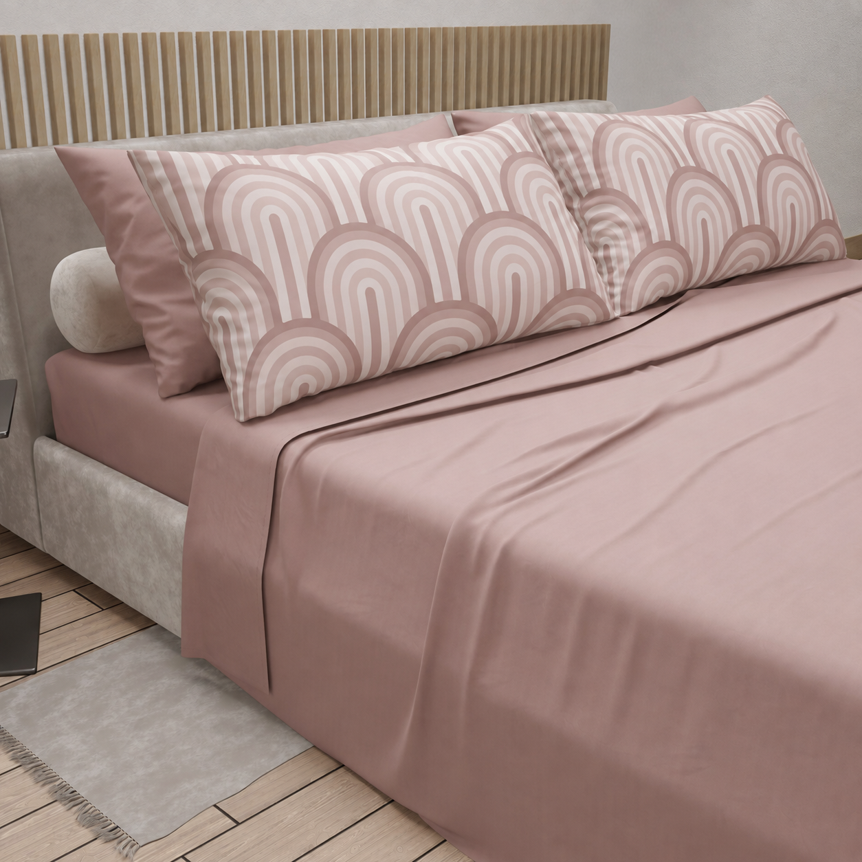 Lenzuola in Cotone, Completo Letto con Federe in Stampa Digitale Delta Cipria