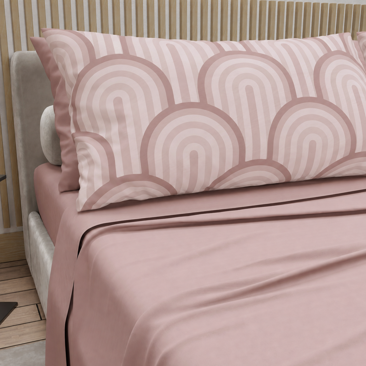 Lenzuola in Cotone, Completo Letto con Federe in Stampa Digitale Delta Cipria
