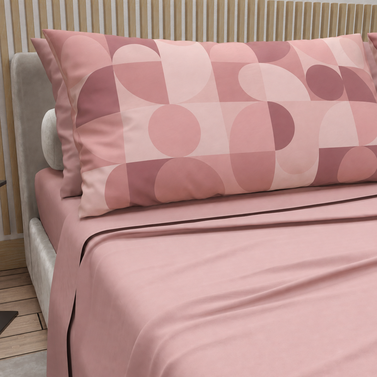 Lenzuola in Cotone, Completo Letto con Federe in Stampa Digitale Circle Cipria