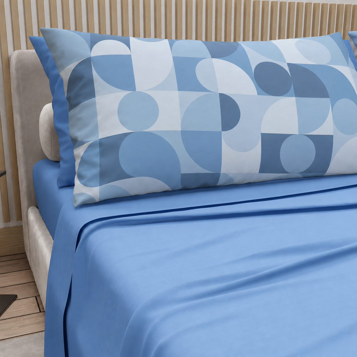 Lenzuola in Cotone, Completo Letto con Federe in Stampa Digitale Circle Celeste Carta da Zucchero