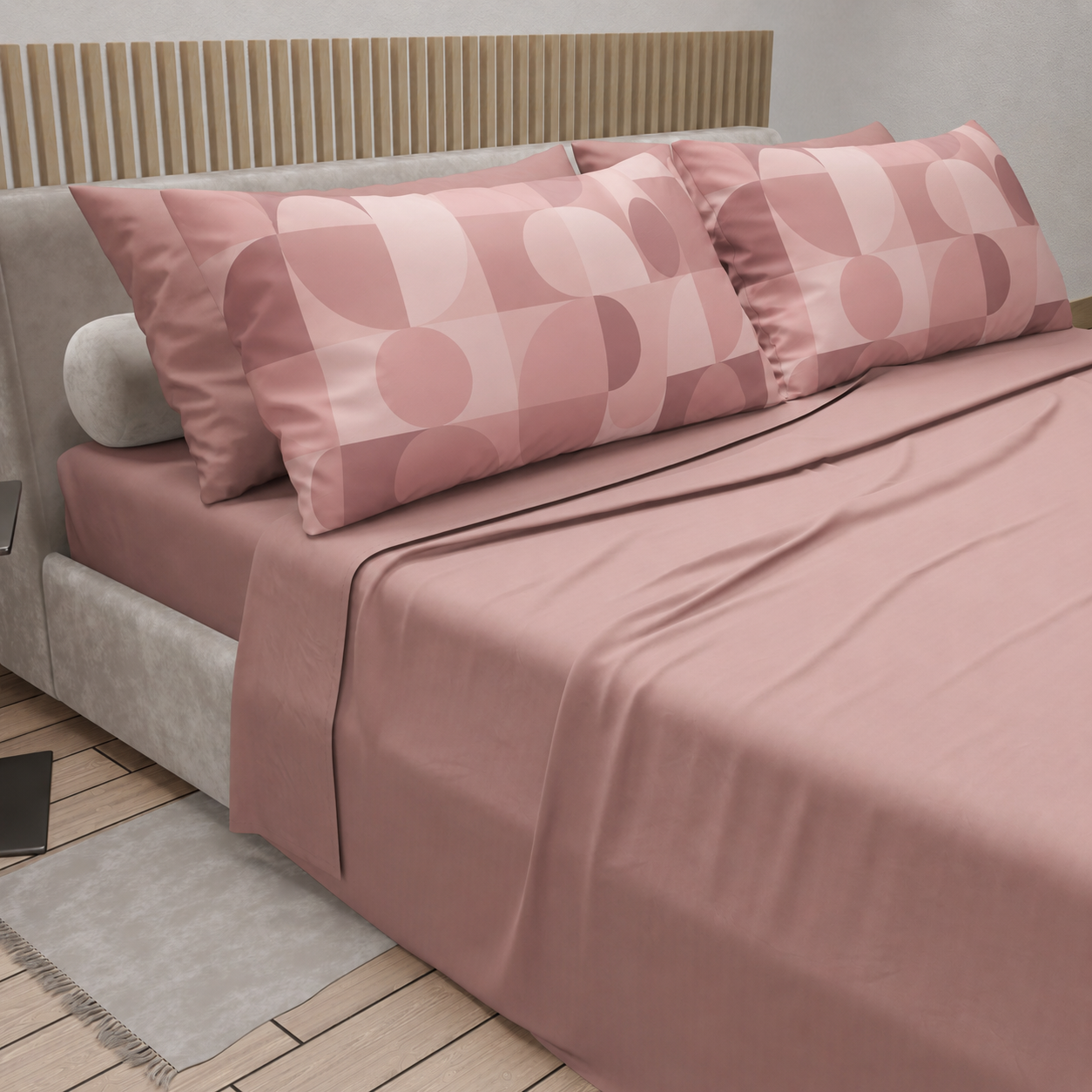 Lenzuola in Cotone, Completo Letto con Federe in Stampa Digitale Circle Cipria