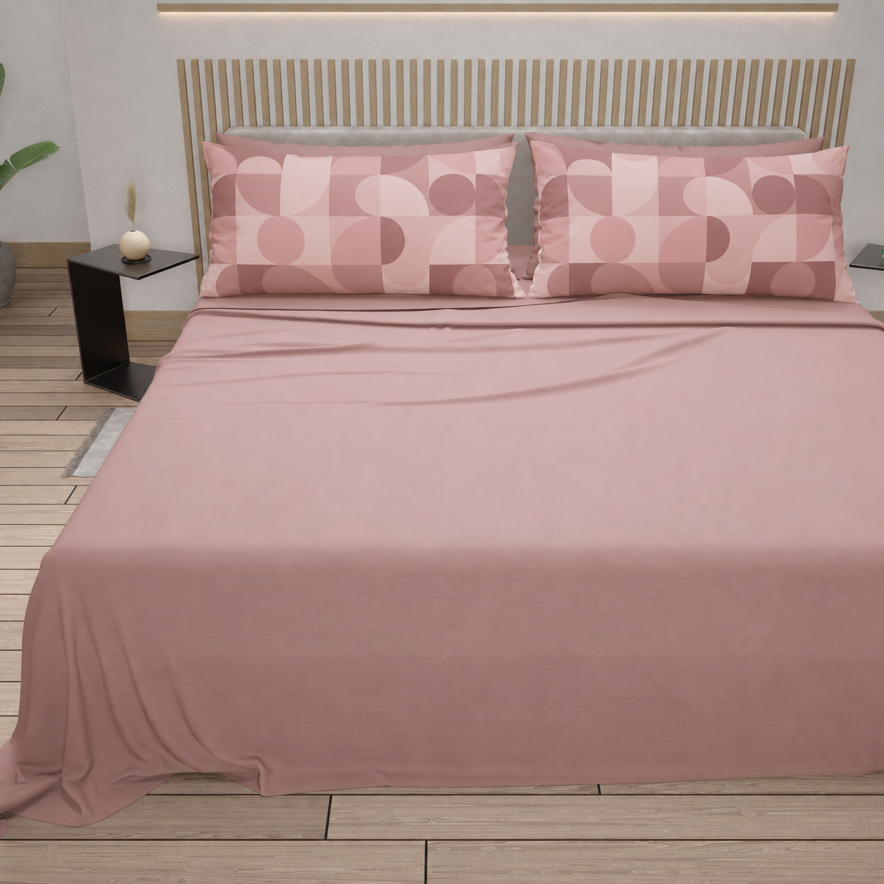 Lenzuola in Cotone, Completo Letto con Federe in Stampa Digitale Circle Cipria