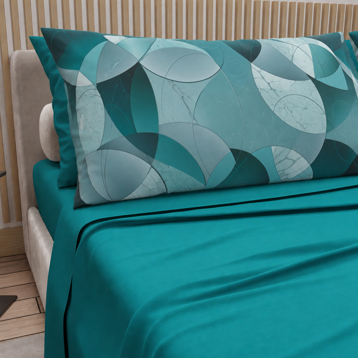 Lenzuola in Cotone, Completo Letto con Federe in Stampa Digitale Geo Cerchio Ottanio