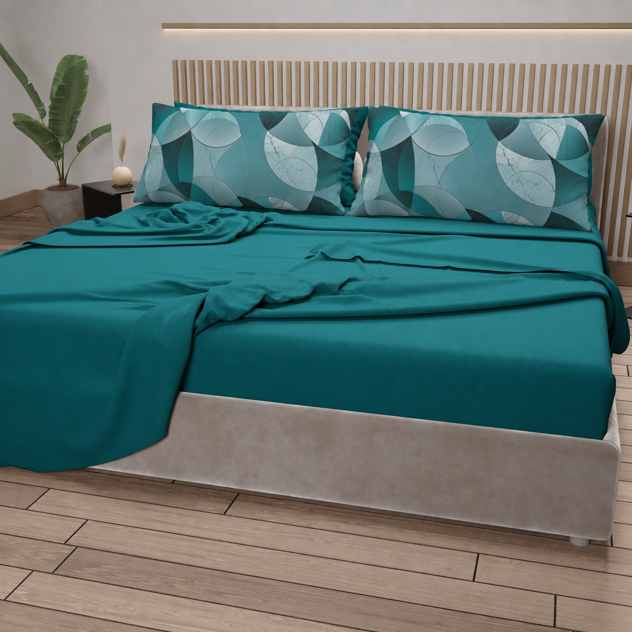 Lenzuola in Cotone, Completo Letto con Federe in Stampa Digitale Geo Cerchio Ottanio