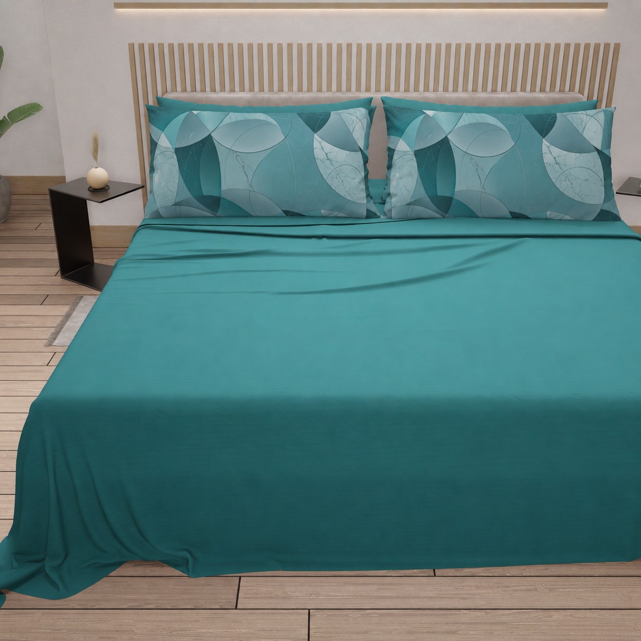 Lenzuola in Cotone, Completo Letto con Federe in Stampa Digitale Geo Cerchio Ottanio