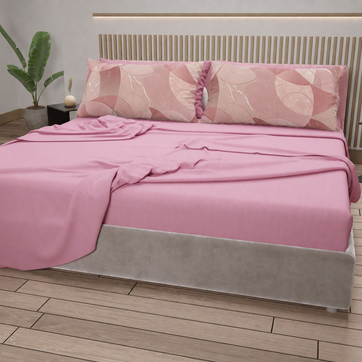 Lenzuola in Cotone, Completo Letto con Federe in Stampa Digitale Geo Cerchio Rosa