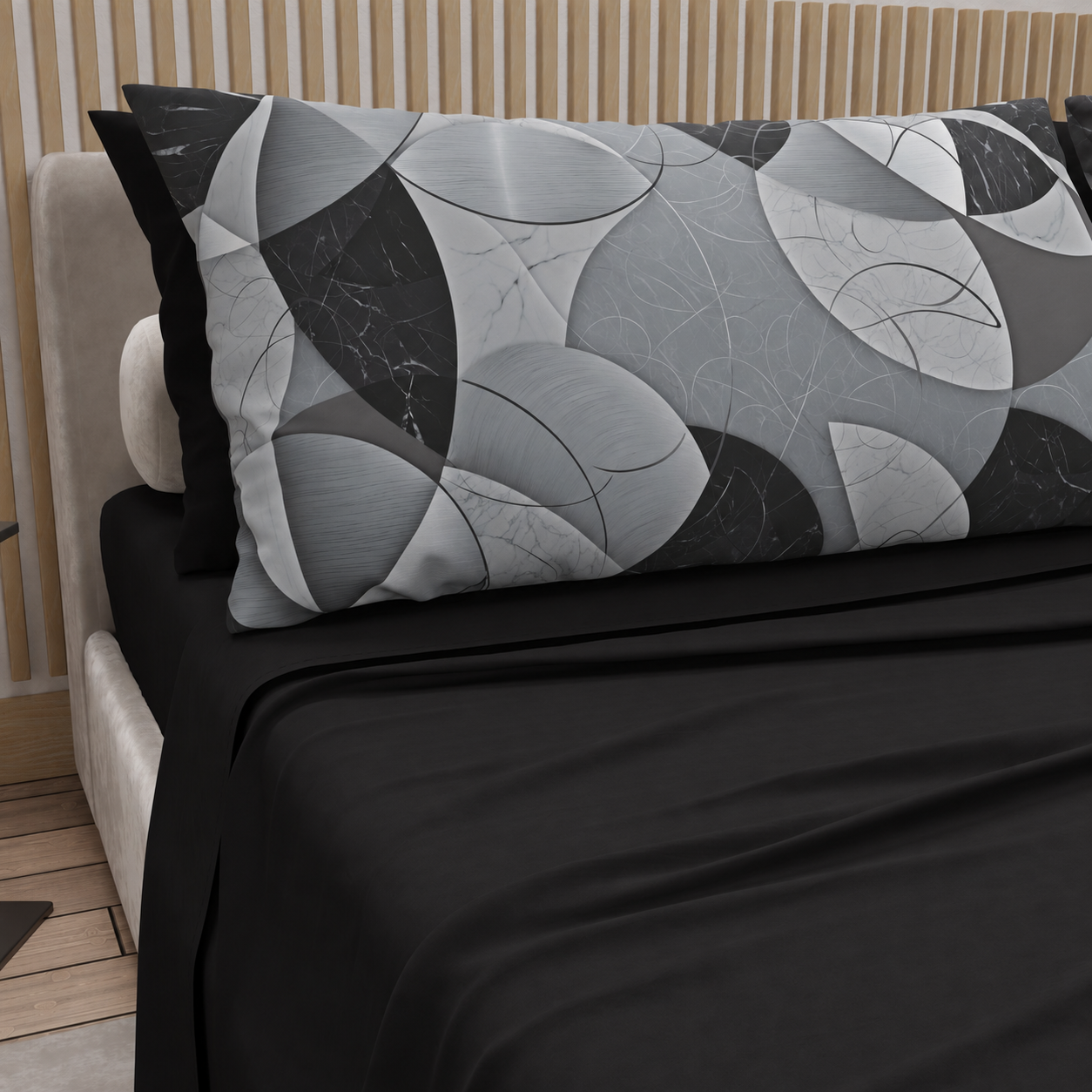 Lenzuola in Cotone, Completo Letto con Federe in Stampa Digitale Geo Cerchio Nero Argento