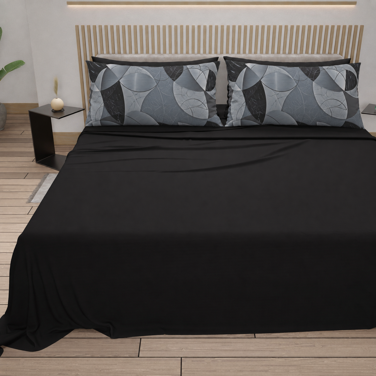 Lenzuola in Cotone, Completo Letto con Federe in Stampa Digitale Geo Cerchio Nero Argento