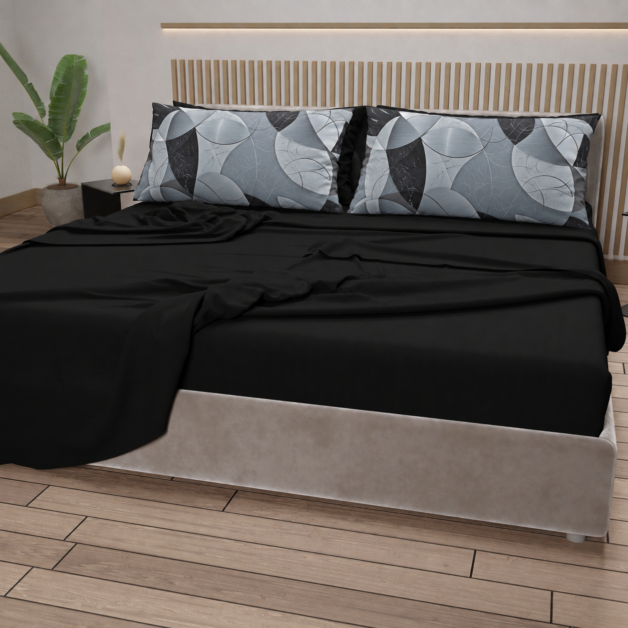 Lenzuola in Cotone, Completo Letto con Federe in Stampa Digitale Geo Cerchio Nero Argento