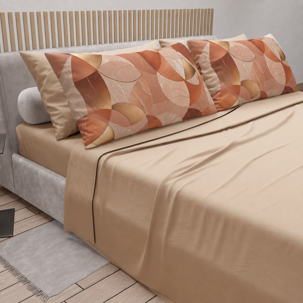 Lenzuola in Cotone, Completo Letto con Federe in Stampa Digitale Geo Cerchio Rame Beige